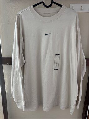 Nike Long-Sleeve Crew Shirt in Light Beige with Navy Swoosh